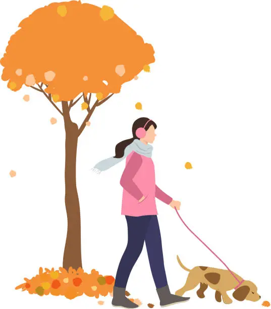 Vector illustration of A woman is walking with her pet in an outdoor park, enjoying the autumn atmosphere with dry leaves and some cold