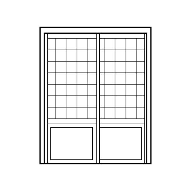 手描きの子供は、白い背景で隔離されたベクトル イラストの日本の引き戸を描いている - screen door door porch house点のイラスト素材／クリップアート素材／マンガ素材／アイコン素材