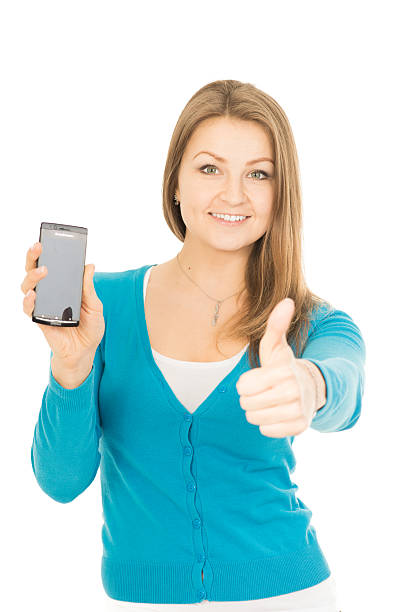 istock Beautiful woman with phone shows thump up 178176998