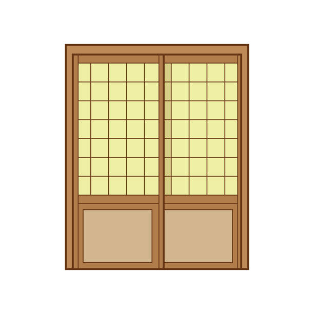 白い背景で隔離されたベクトルイラスト日本の引き戸を描く子供 - screen door door porch house点のイラスト素材／クリップアート素材／マンガ素材／アイコン素材