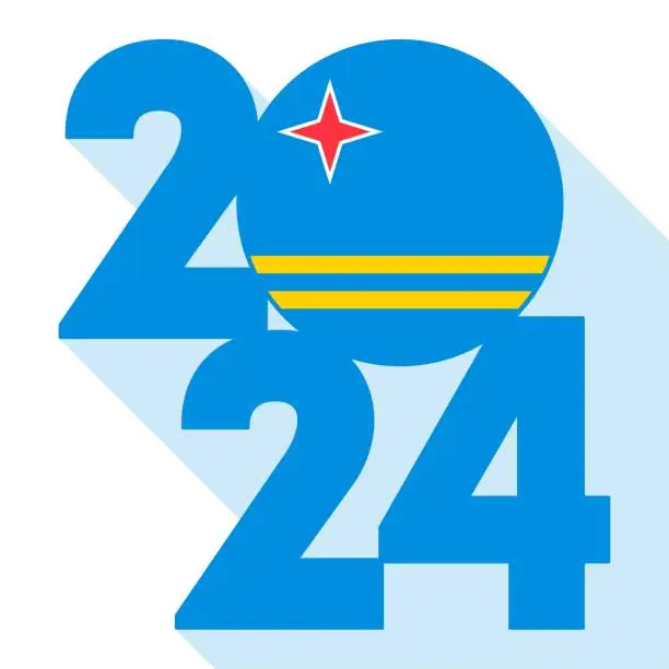 Vector illustration of Happy New Year 2024, long shadow banner with Aruba flag inside. Vector illustration.