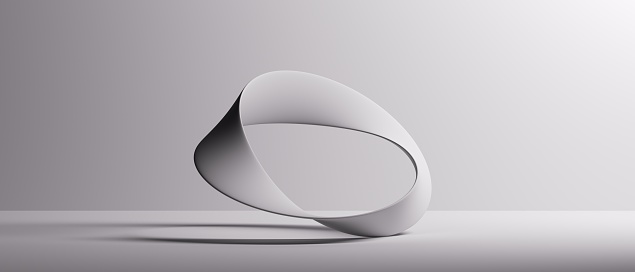3d rendering. Abstract background of twisted ring. Curvy blank moebius ribbon. Modern white minimal wallpaper. Light and shadow