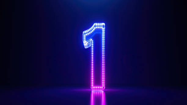 Number 3 with particles neon lighting purple background. 3d render.