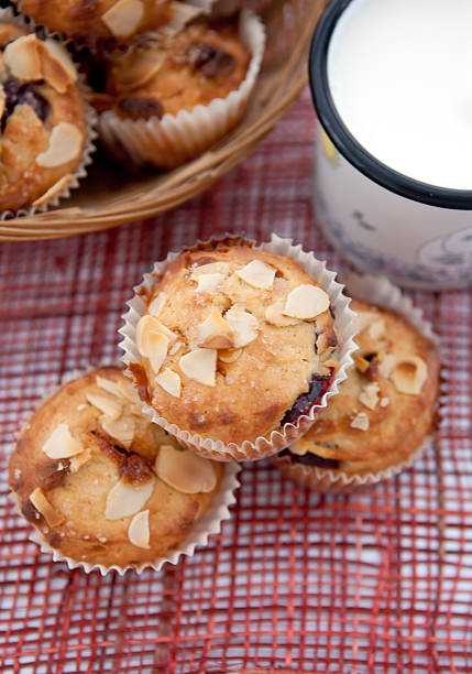 istock Muffins with almonds, cherries and milk, top view 178179390