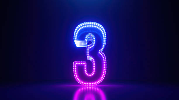 istock 3d render, abstract number three glowing in the dark with pink blue neon light. Digital symbol 3 1781793990