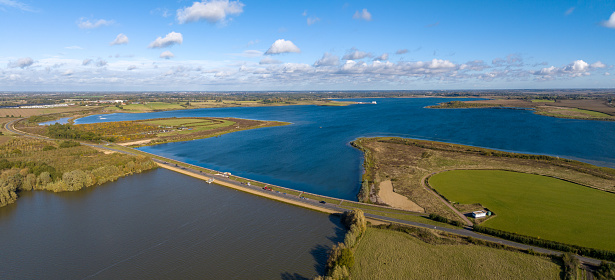 Aerial photo from a drone of Abberton Reservoir in Essex, UK. Essex's largest body of freshwater.