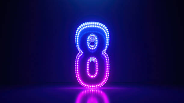 istock 3d render, abstract number eight glowing in the dark with pink blue neon light. Digital symbol 8 1781794527