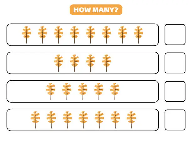 Vector illustration of How many autumn leaf are there? Counting game for kids.