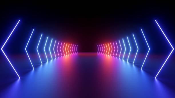 istock 3d rendering, abstract background of neon arrows glowing in the dark, blue pink red gradient, ultraviolet light. Modern minimalist wallpaper 1781795252