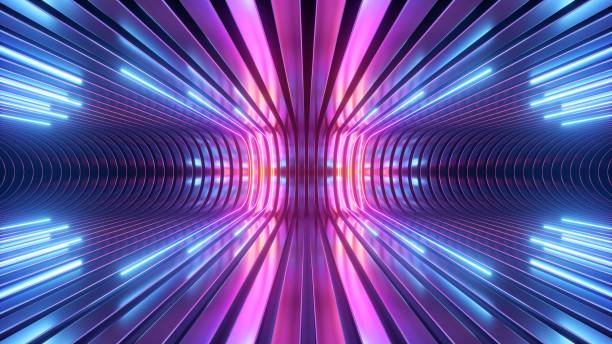 istock 3d render. Abstract futuristic neon background. Rounded red blue lines, glowing against a backdrop of metal strips. Ultraviolet spectrum. Cyber space. 1781796176