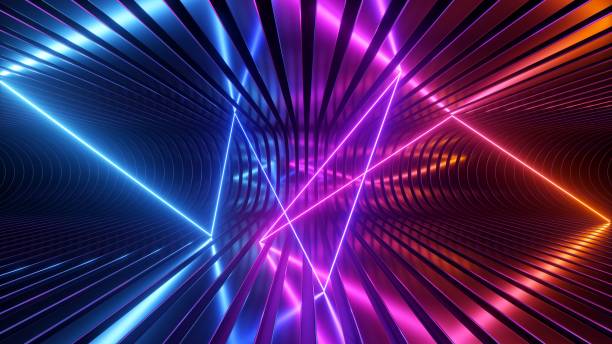 istock 3d render. Abstract futuristic neon background. Geometric red blue pink laser lines, glowing against a backdrop of metal strips. Ultraviolet spectrum. Chaotic zigzag inside the virtual space 1781796216