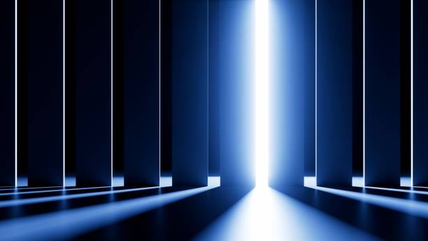istock 3d rendering, abstract dark blue geometric background. Vertical lines and stripes, white light slots. Minimalist wallpaper 1781796745