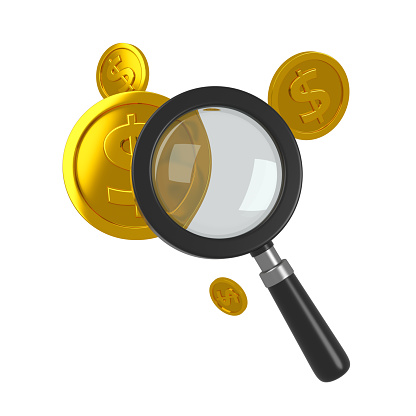 Black magnifying glass and golden coins isolated. Transparent loupe with dollar symbol for price and shopping online concept. 3d rendering