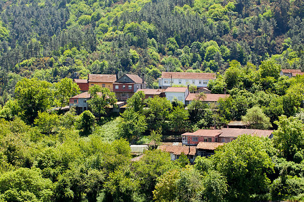 Small village in a green mountain countryside. Red tile  roofs. Forest surrounding the houses.