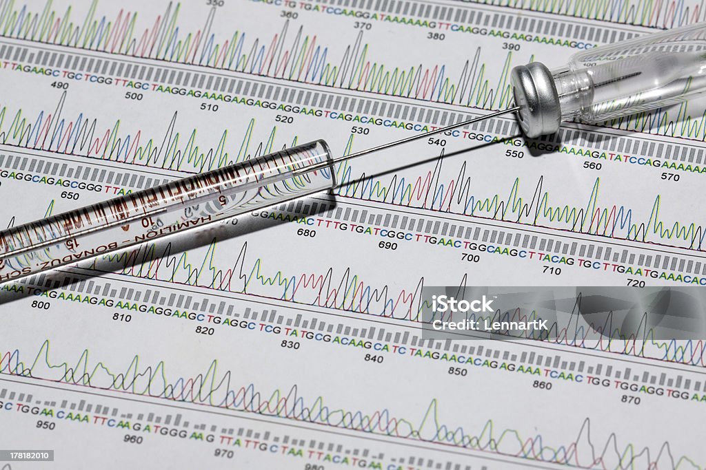 Personalized medicine syringe with an ampule on DNA sequencing printout DNA Stock Photo