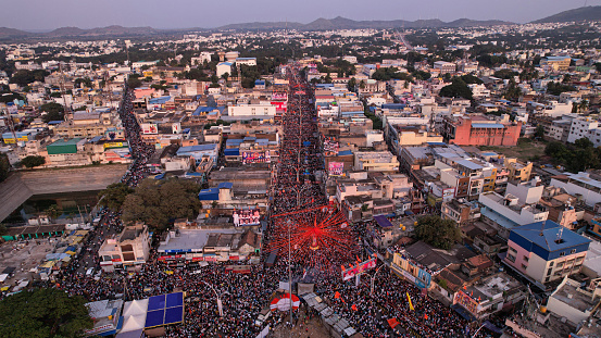 Chitradurga,India-October 8,2023:A birds eye view of huge crowd during hindu religious festival.ganesha chaturthi festival.immersion procession