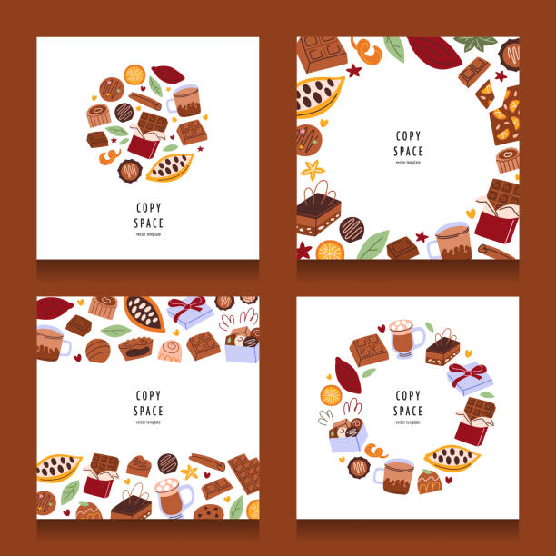 Cocoa and chocolates cards set, compositions with candy, cacao beans and chocolate desserts, collection of square templates with copy space Cocoa and chocolates cards set, compositions with candy, cacao beans and chocolate desserts, collection of square templates with copy space, vector greeting cards for birthday, Christmas, Valentines, poster design chocolate chip cookie drawing stock illustrations