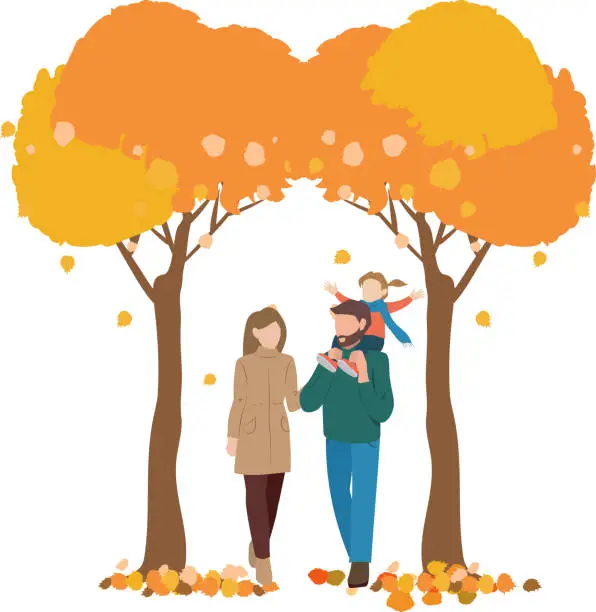 Vector illustration of A family, father, mother and child happily and happily strolling through a park or outdoor environment in an autumn atmosphere