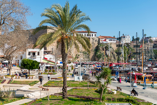 Antalya Kaleici. View of ancient city and marina - old harbor in Antalya, Turkey