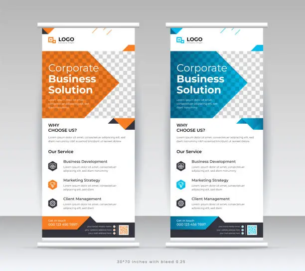 Vector illustration of Vertical roll up banner, x stand business marketing template design.