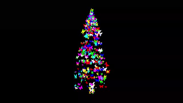 Spinning Christmas tree with colorful butterflies on plain black background