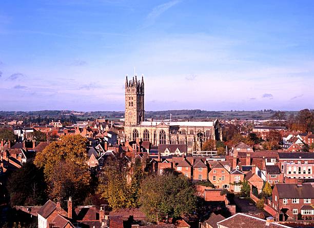 St Mary's church and town, Warwick England. The Collegiate St. Mary's Church and town centre viewed from the Castle, Warwick, Warwickshire, England, UK, Western Europe. warwick uk stock pictures, royalty-free photos & images