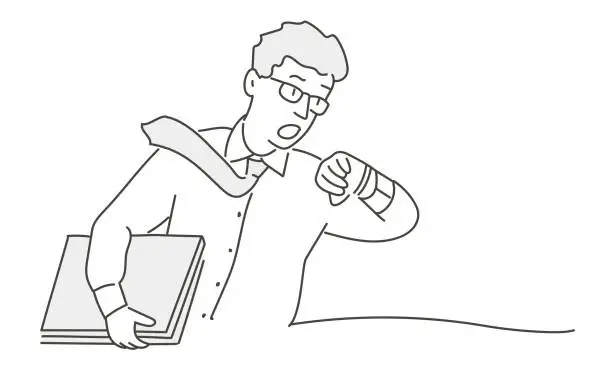 Vector illustration of Man late looking at his watch.