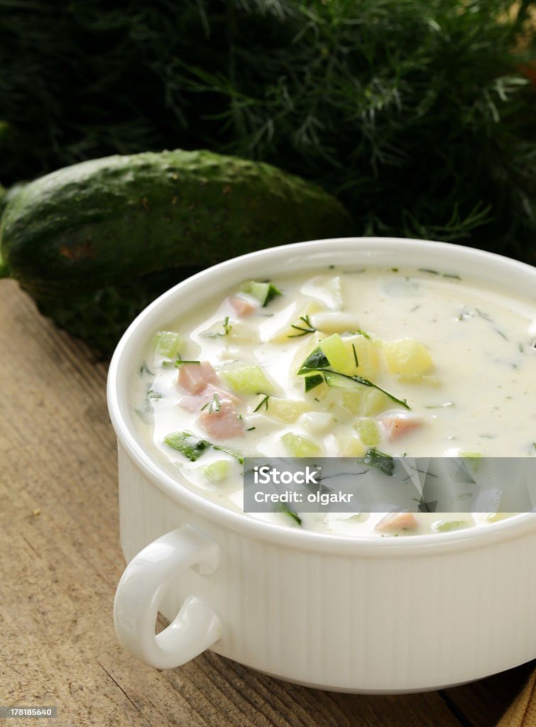 Traditional Russian cold soup with vegetables (okroshka) Appetizer Stock Photo