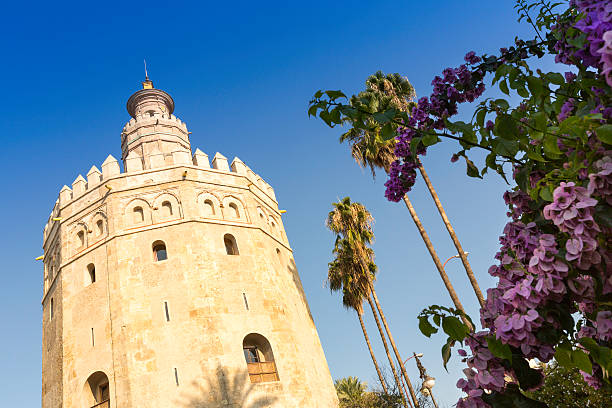 torre del oro, em sevilha, espanha - seville sevilla torre del oro tower imagens e fotografias de stock