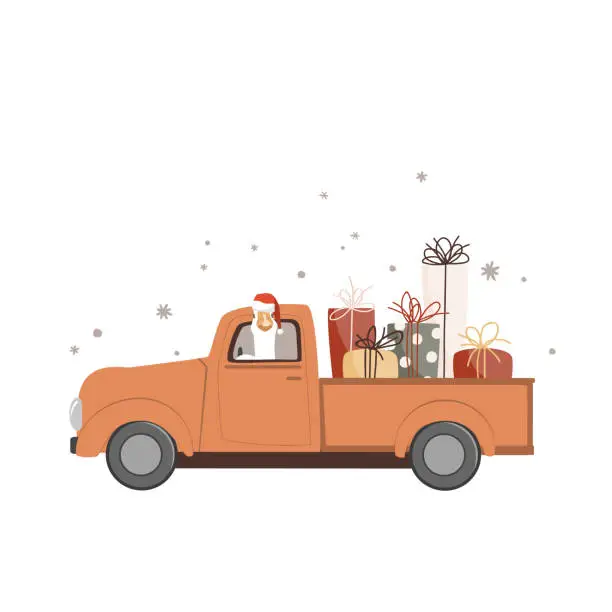 Vector illustration of Chrsitmas goose riding a car with stack of Christmas present gift boxes on roof, merry Christmas design. Vector isolated