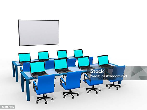 Modern Classroom With Computers 3d Render Stock Photo - Download Image Now - Arranging, Classroom, Communication