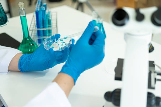 istock Doctor in mask examining DNA molecule in chemistry lab with scientist examining liquid sample with microscope in chemistry lab Researcher working with sample 1781880389