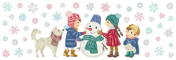 Vector illustration of Illustration of children making a snowman in winter and snowflakes