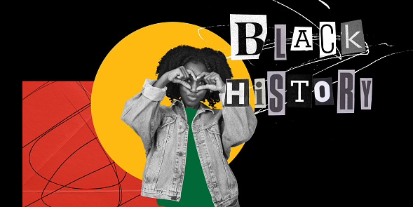 Young African-American woman showing hart symbol with hands. Celebration. Identity. Contemporary artwork. Concept of Black History Month, human, right, freedom and acceptance, history. Poster