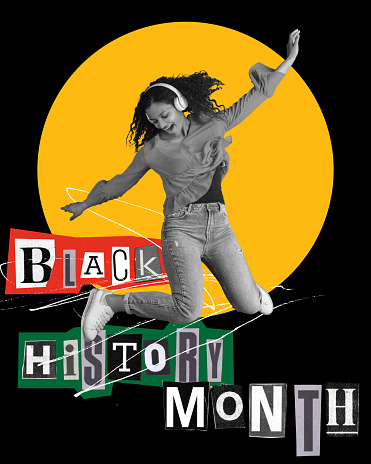 Happy young African-American woman cheerfully jumping. No racism. Contemporary artwork. Concept of Black History Month, human, right, freedom and acceptance, history. Poster