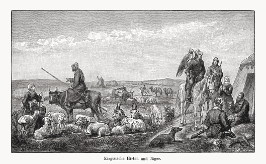 Kyrgyz shepherds and hunters. Nostalgic scene from the past. Wood engraving, published in 1894.