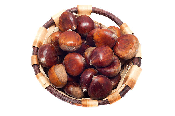 корзина chestnuts, осенний фрукты, изолированные на белом - chestnut basket large group of objects isolated стоковые фото и изображения