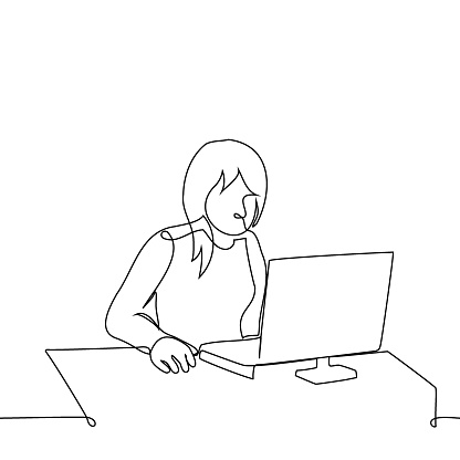 woman sits at a computer with a mouse in her hand - one line art vector. concept of white collar worker at work, working in the office or from home