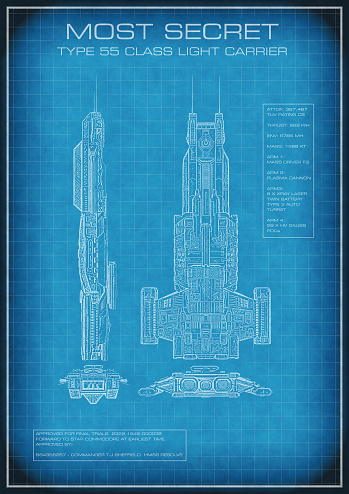Science fiction illustration of top secret spaceship carrier blueprint with designs and text, 3d digitally rendered illustration