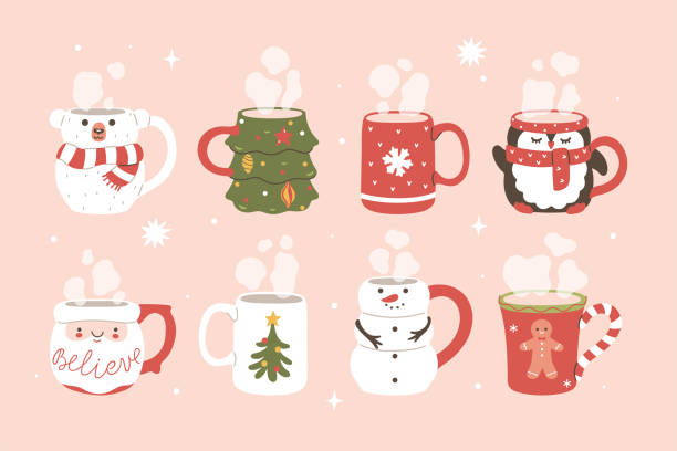 Card or poster with cute Christmas mugs. Vector graphics. Card or poster with cute Christmas mugs. Vector image cute christmas clip art stock illustrations