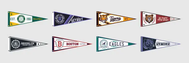 Vector illustration of Pennant flag set for college volleyball, baseball or basketball team. College teams pennant flags with various states, cities and different animals. Vintage banners for t-shirt and other print.