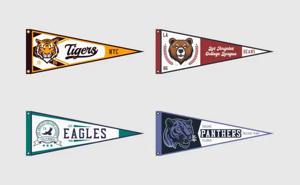 Vector illustration of Pennant flag set for college volleyball, baseball, basketball or soccer team. Tigers, eagles and bears, panthers college teams pennant flags. Vintage banners for t-shirt and other print.