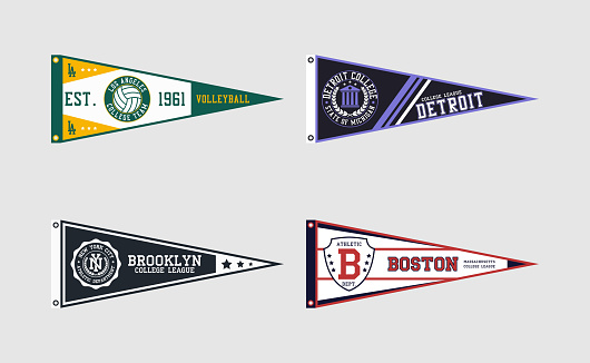 Pennant flag set for college volleyball, baseball, basketball or soccer team. New York, Boston, Los Angeles and Detroit college teams pennant flags. Vintage banners for t-shirt and other print. Vector