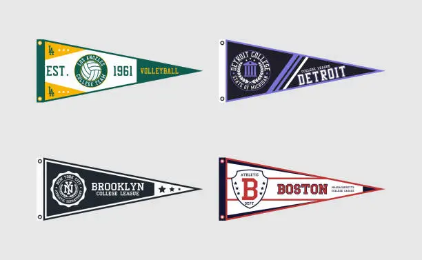 Vector illustration of Pennant flag set for college volleyball, baseball, basketball or soccer team. New York, Boston, Los Angeles and Detroit college teams pennant flags. Vintage banners for t-shirt and other print.