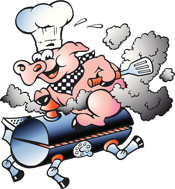 ilustraciones, imágenes clip art, dibujos animados e iconos de stock de ilustración de un chef por un cilindro de barbacoa de cerdo - pig barrel pork farm