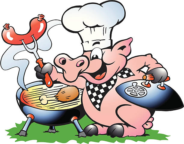 ilustraciones, imágenes clip art, dibujos animados e iconos de stock de ilustración de un chef de pie y la barbacoa de cerdo - pig barrel pork farm