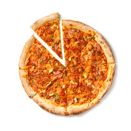Pizza with different types of meat, cut into slices, one slice is separated on a white background, top view