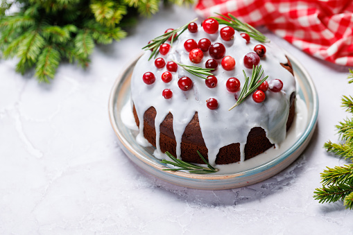 Delicious Christmas cake, a festive holiday treat. With copy space