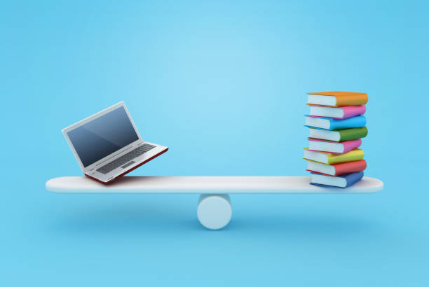 Books with Computer Laptop on Seesaw - Color Background - 3D Rendering