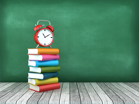 Stack of Books with Clock - Chalkboard Background - 3D Rendering